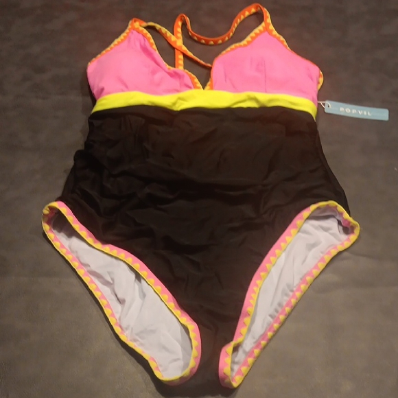 NWT! Popvil Vibrant Pink and Black One Piece Tie Back Swimsuit - Picture 5 of 10